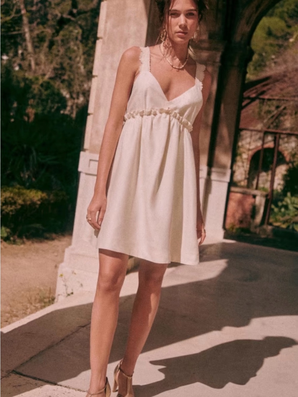 Sezane Cleophee Dress in Ecru mini dress with lace trim
